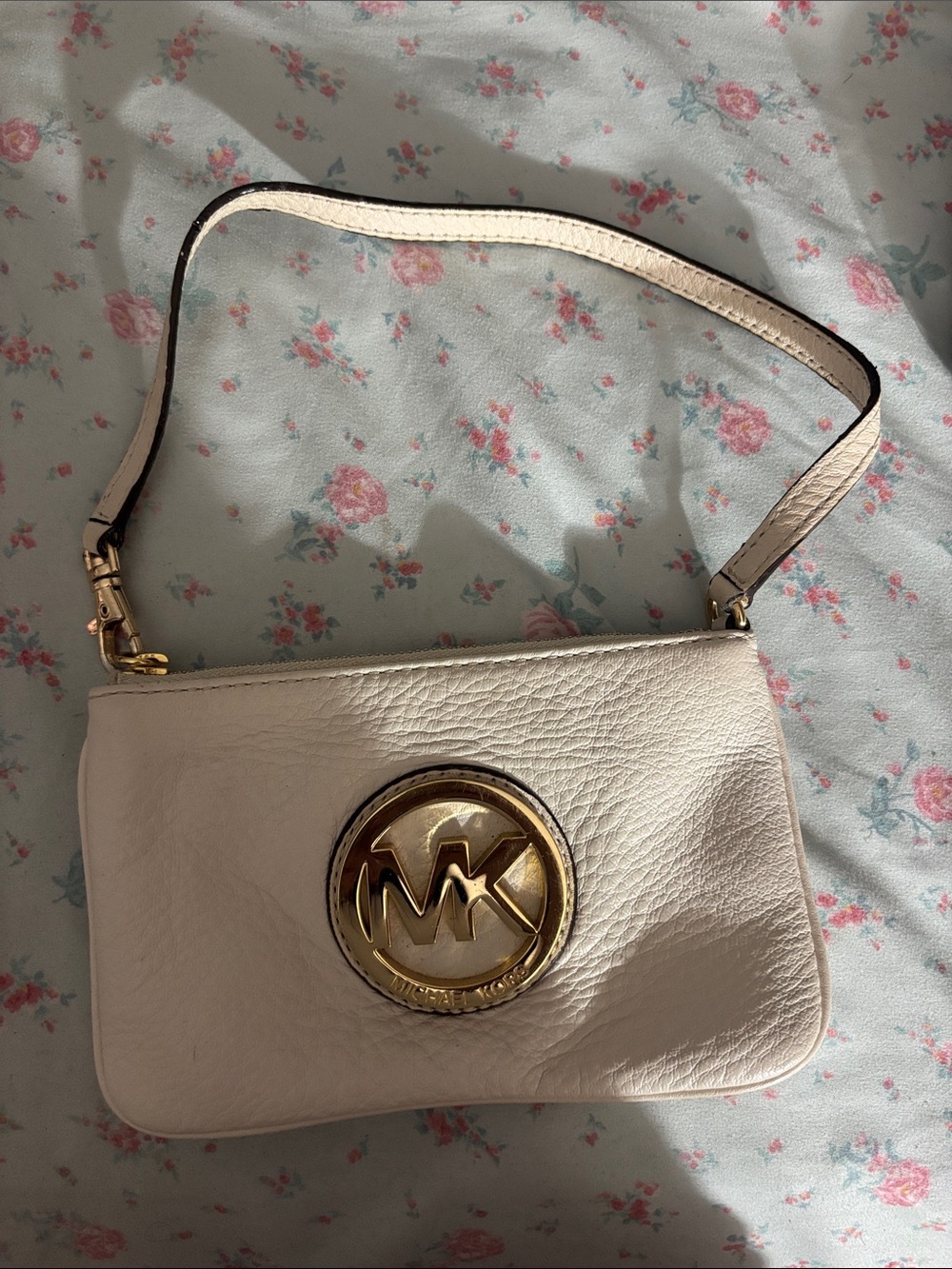 Michael Kors Cream Leather Wristlet with Gold MK Emblem